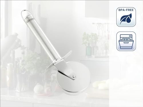 Foto von Leifheit Pizzaschneider Sterling, Pizzaroller aus hochwertigem Edelstahl, Pizza cutter mit ovaler Griffform für angenehme Handhabung, mit Fingerschutz und praktischer Aufhängeöse, silber