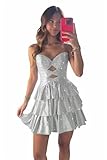 Hoepoly Tiered Strapless Homecoming Dresses for Teens Cut Out Short Prom Dress Sparkly Sequin Beaded Mini Cocktail Party Club Gowns Silver 0