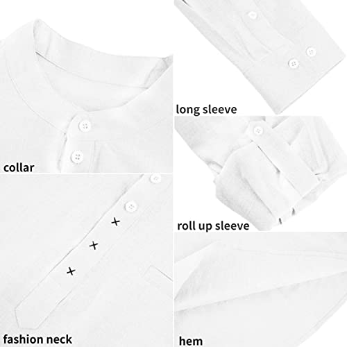 Ryannology Men's Henley Linen Shirts Long Sleeve Hippie Beach T Shirt Casual Viking Tees Roll Up Sleeve Tops #TOP3