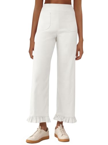 Cicy Bell Womens Straight Wide Leg Pants Casual High Waisted Ruffle Hem Loose Trousers with Pockets White