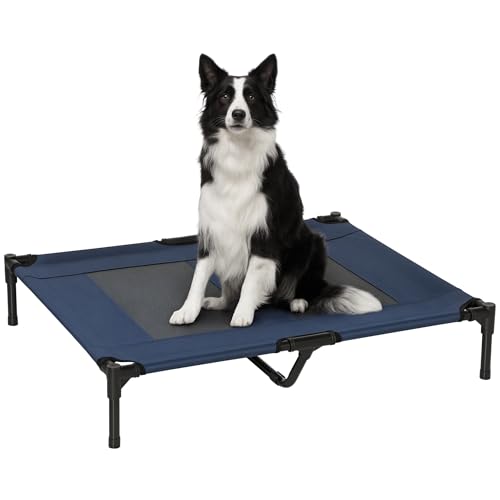 PawHut Lit sur Pieds lit pour Chien Chat lit de Camp lit surélevé Animaux Grand Confort Tissu Oxford textilène Micro-perforé métal 92L x 76l x 18H cm Bleu