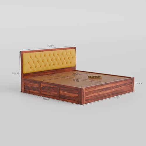 Image of Solid Sheesham Wood King Size Bed with Box Storage | Yellow Upholstered Cushion Headboard | Wooden Double Bed for Bedroom | Palang /Cot /Mancham | Honey Finish