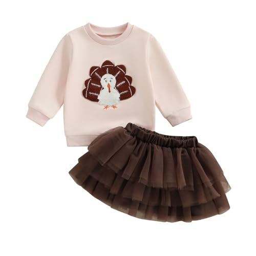 Toddler Baby Girl Thanksgiving Outfit Football Turkey Embroidery Sweatshirt Tulle Layered Skirt 2Pcs Clothes Set