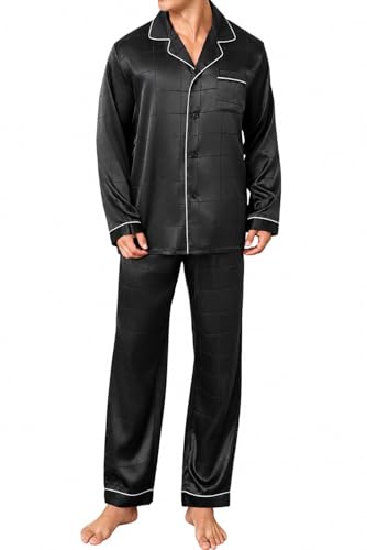 JupiterSecret Mens Silky Satin Pajamas Set Long Sleeve Button-Down Luxurious Pj Two-piece Sleepwear with Long Pants (Black Plaid with White Collar,L)