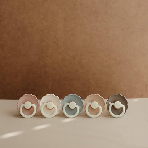 Image of FRIGG Daisy Night Natural Rubber Baby Pacifier | Made in Denmark | BPA-Free (French Gray /Croissant, 0-6 Months) 2-Pack