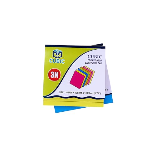 Image of Cubic Prompt Neon Sticky Notes | Pack of 2 | 10cm x 10cm (4 inchx4 inch) | 100 Ruled Sheets Each | Multicolour | Lined Self-Adhesive Note Pads for Office | School | Home Use