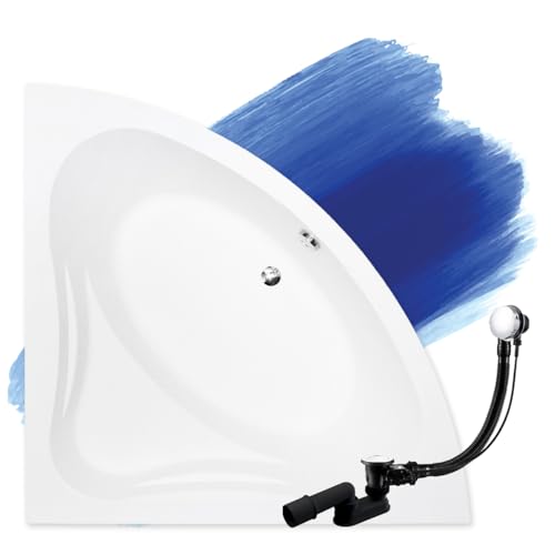 BADLAND Badewanne Original Weiß Acryl Wanne Eckbadewanne MIA 130x130 KOMPLETTSET SET + Füßen und Exklusive Chrom Automatik Ablaufgarnitur Made in EU 3in1