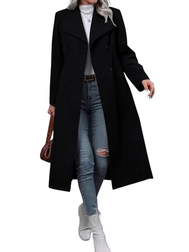 Image of Leyoutx Womens Trench Coat Lapel Double Breasted Maxi Long Wool Pea Coat Casual Work Office Overcoat with Pocket(Large, Black)