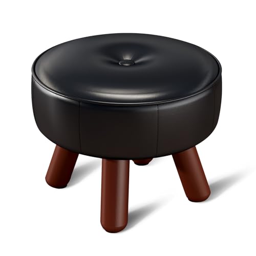 oakvivo 13in Round Faux Leather Footstool, Black