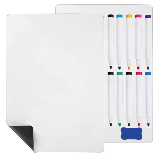 Kioneer 2 Pcs A4 Magnetic Whiteboard for Fridge Small Magnetic Dry Erase Whiteboard Sheets Includes 10 Pens 1 Eraser Small Magnetic Fridge Message Boards Reminder Stickers