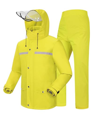 Image of iCreek Rain Suit Waterproof Jacket and Pants Hi Vis Raincoat for Men and Women Reflective Outdoor for All-Sport Work