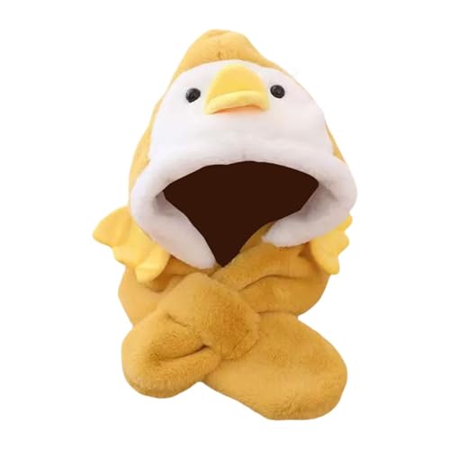 Cartoon Themed Hooded Scarf for Kids with Plush Animals Winter Warm 2-in-1 Hat Scarf Set Head Neck Protection- Yellow