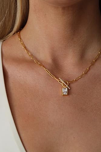 Gold Toggle Necklace – 18K Gold Plated Necklace with Rectangle Pendant & Sparkling Zircon, Hypoallergenic Jewelry for Women2