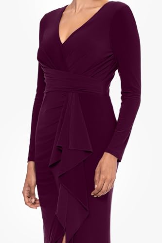 Image of Betsy & Adam Women's Long Sleeve V-Neck Jersey Knit Formal Evening Gown with Side Slit and Cascading Ruffle Detail