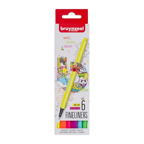 Bruynzeel Fineliner Brush Pens 6-Piece Set, Neon