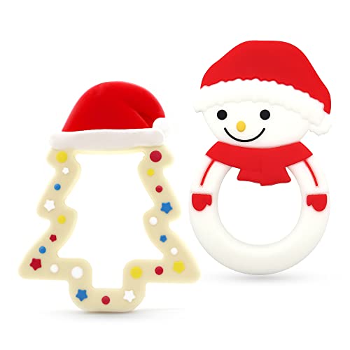 Image of Teething Toys for Babies, PAPACHOO 2 Pack Christmas Soft Silicone Baby Soothing Teether Chew Toys Xmas Present(Christmas Tree & Snowman)