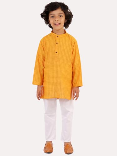 Image of superminis Baby Boys Traditional Ethnic Wear Handloom Cotton Solid Pattern Kurta With White Pyjama Set
