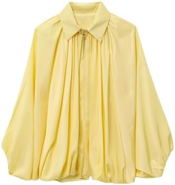 FindThy Women’s Puffed Bomber Jacket Trendy Lapel Collar Long Batwing Sleeve Front Zip Oversized Shirts