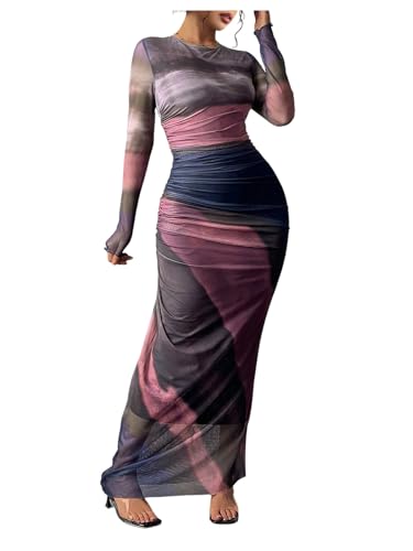BEAUDRM Women's Fall Wedding Guest Dress Long Sleeve Cocktail Date Night Sexy Y2K Bodycon Ruched Mesh Formal Maxi Dresses Watermelon Pink X-Large
