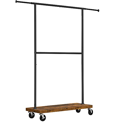 VASAGLE Clothes Rack, Clothing Rack with Wheels, 43.3-66.9 Inch Extendable Bar, Height-adjustable Garment Rack, 332 lb Load, 2 Brakes, Heavy-Duty, Industrial, Rustic Brown and Black URGR111B