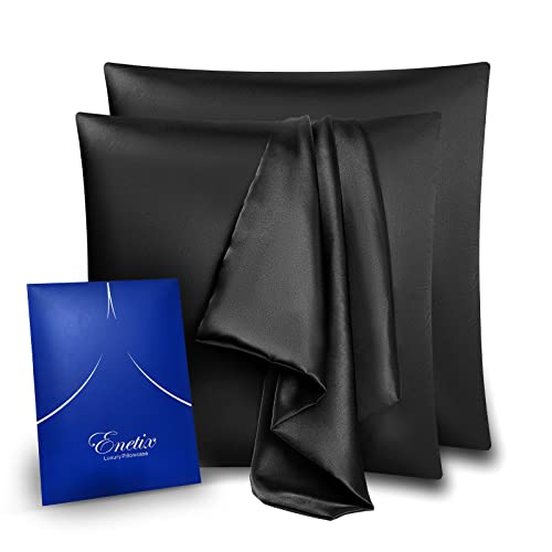 ENETIX Funda de almohada cuadrada de satén de seda para cabello y piel, paquete de 2 paquetes de regalo, funda de almohada cuadrada sin acné con cremallera oculta (negro, 65 × 65 cm) Cover