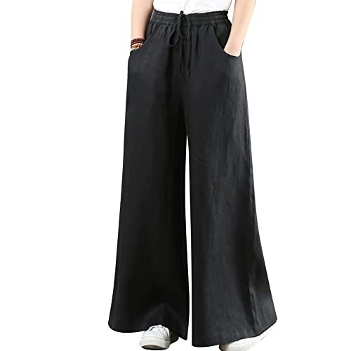 Womens Linen Pants High Waisted Wide Leg Casual Loose Drawstring Trousers Straight Leg Yoga Pants Boho Beach Flowy Pants Palazzo Pants PantalóN De Mujer Women Slacks with Pockets Black a M