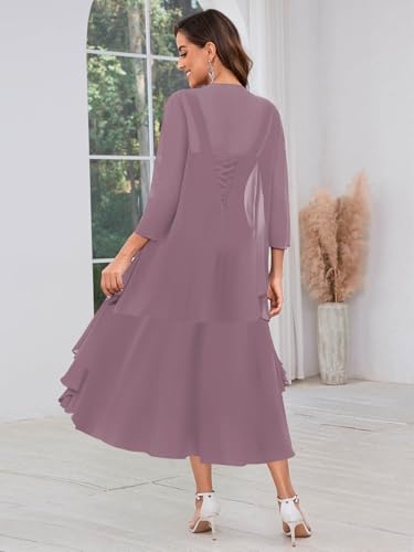 2 Piece Chiffon Mother of The Bride Dresses with Jacket Ruffle Formal Evening Dress3