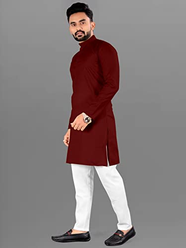 Image of Cotton Blend Solid Mandarin Chinese Neck Full Sleeve Kurta for Men