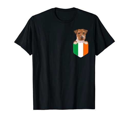 Ireland Flag Russell Terrier Dog In Pocket T-Shirt, Black