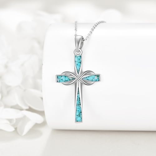 ONEFINITY Cross Necklace Sterling Silver Turquoise/Opal Cross Pendant Necklace Religious Jewelry Gifts3