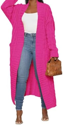 LIVECLOTH Stylish Cable Knit Dual Pocket Long Cardigan, Women's Rose Pink Sweater