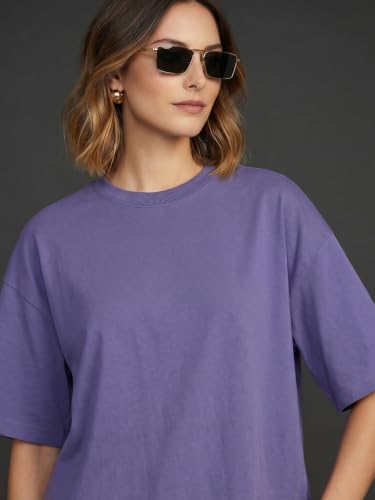 Image of JUNEBERRY Pure Cotton Oversized Baggy Fit Half Sleeve Drop Shoulder Plain Solid Round Neck T-Shirt for Women (Available in Black, White, Lilac, Cork, Maroon, Royal Blue, Swan White, Soap Nut Colors)