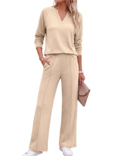 ANRABESS Women's 2 Piece Outfits V Neck Sweatsuit Lounge Sets Almond Medium