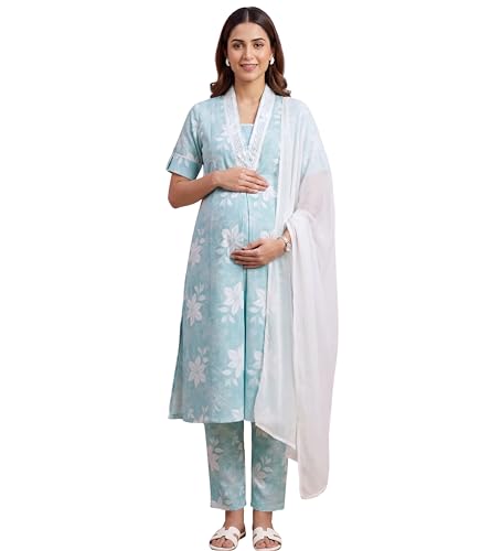 Image of DUMMY SHAPE Maternity Dresses for Women Cotton | Floral Kurta Pant Dupatta Set with Nursing Zippers, Side Pocket | Pre & Post Pregnancy | Feeding Kurti Suit | Baby Shower | Gifts for Pregnant Woman