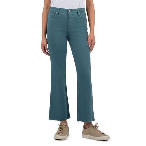 KUT from the Kloth Kelsey High-Rise Fab Ab Ankle Flare with Raw Hem in Teal - Jeans for Women - Cotton