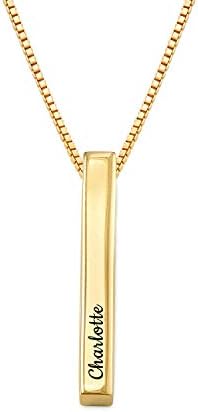 Oak&Luna Personalized Custom Pillar Bar Necklace -3D Engraved 4 Sides- Sterling Silver 925 Jewelry Gift for Her- Mother Day Pendant (18K Gold Plated Silver 925)