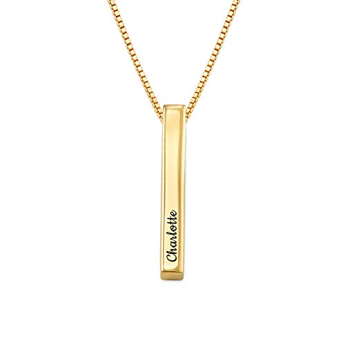 Oak&Luna Personalized Custom Pillar Bar Necklace -3D Engraved 4 Sides- Sterling Silver 925 Jewelry Gift For Her- Mother Day Pendant (18K Gold Plated Silver 925) #TOP1