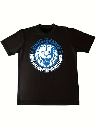 [RFSHOPK] メンズ ブラック コットン T シャツ - キング オブ スポーツ & 新日本プロレス ロゴ デザイン カジュアル コンフォートフィット 半袖 レスリングファンやカジュアルな服装に最適