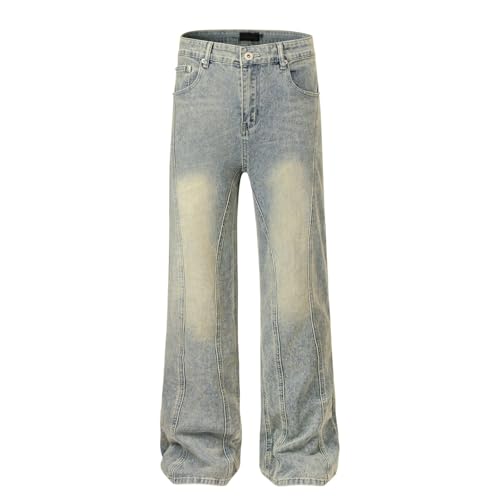 Jeans Pants Trousers Denim Retro Street Trendy Washed Blue Irregular Design Straight Commuter for Men3