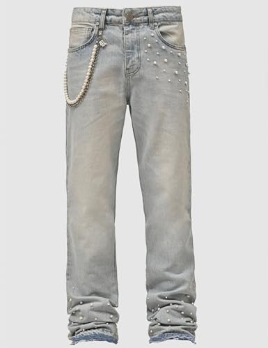 Mens Y2k Rhinestone Jeans Denim Pants Slim Fit Straight Leg Jeans Ripped Pant Sparkly Pearl Trousers Streetwear4