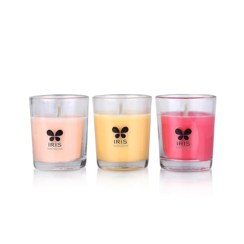 Iris Home Fragrances Fragranced Shot Glass Candles Pack of 3 -Damask Rose- Mango Sorbet- Peach Pomogranate- 40g Each- Burn time 8 hrs per Candle