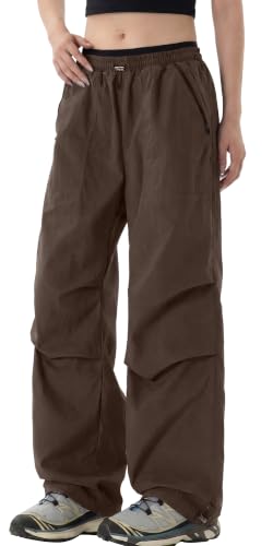 Image of FEOYA Women's Cargo Trousers Waterproof Parachute Hiking Pants Quick Dry Walking Outdoor Baggy Pants with Zipper Pockets Brown S