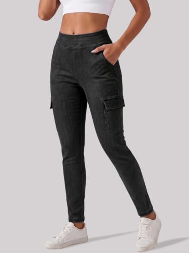 Fisoew Womens Skinny Cargo Jeans High Waisted Denim Pants Flap Pocket Black — view 5