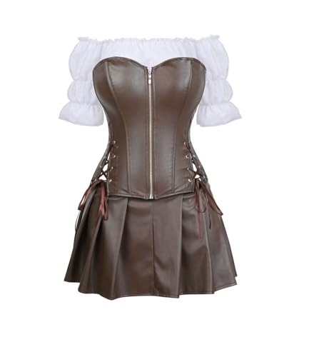Josamogre Corset Bustier Jupe Femme Robe Chemises Set Faux Cuir Gothique Fermeture Éclair Sexy Grande Taille Burlesque Marron XL