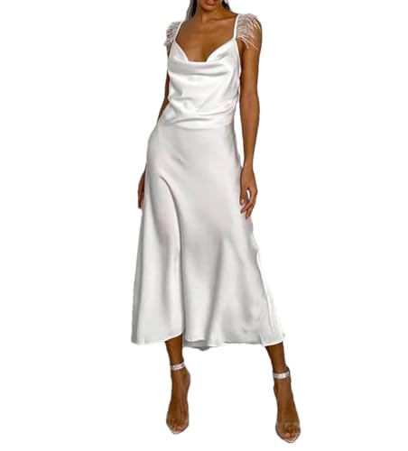 Vestido de satén blanco de plumas con tirantes delgados, sin mangas, espalda descubierta, vestido de fiesta liso, blanco, S