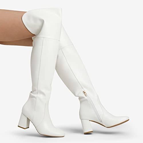 DREAM PAIRS Women's Dob213 Thigh High Over the Knee Fashion Chunky Heel Long Boots, White Pu, Size 5.5