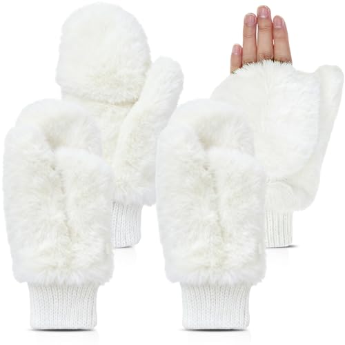 SATINIOR 2 Pair Faux Fur Mittens Fingerless Gloves Convertible Gloves Fluffy Winter Warm Soft Half Finger Fuzzy for Women (White)