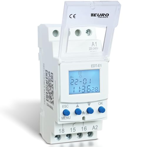 Image of EuroControls EDTE1 Timer - Weekly and Pulse programmable Timer- 50 On and Off Programs - Replaceable Battery - Back lit Display - Automatic time Relay /Switch - 16A TUV Certified Relay - 1 c /o 240vAC