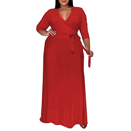 Image of Runwind Plus Size Dresses for Women Floral Maxi Dress Flowy 3 /4 Sleeve with Belt