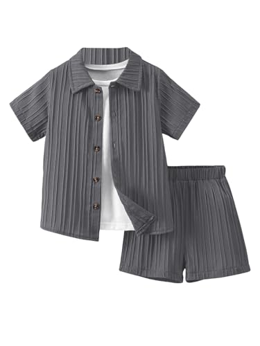 Image of SweatyRocks Boy's 2 Piece Summer Vacation Outfits Short Sleeve Collar Button Down Shirt and Shorts Clothing Set